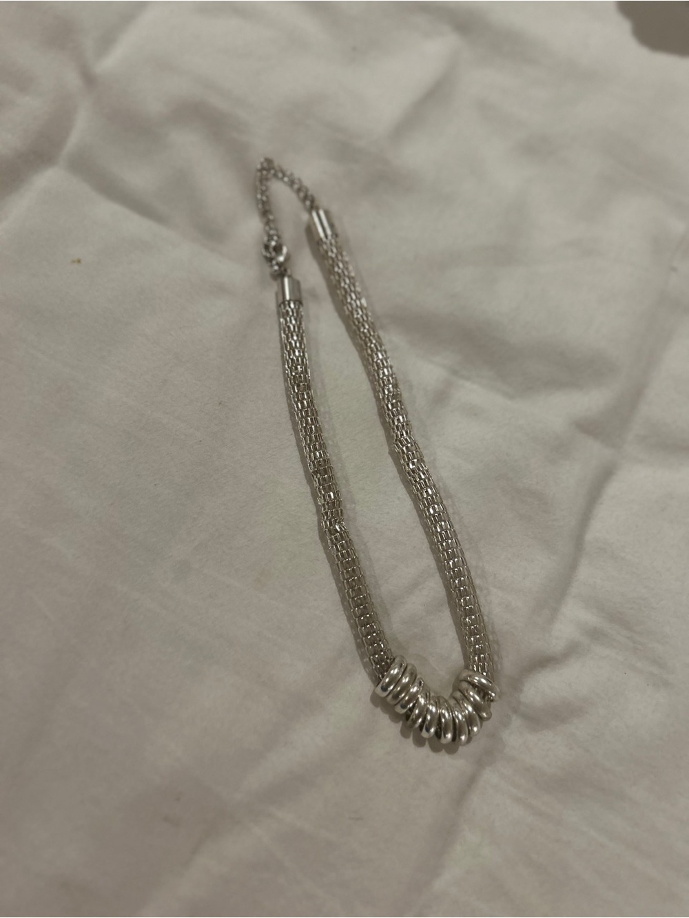 Silver Multi-Strand Mesh Necklace with Stacked Ring Accents